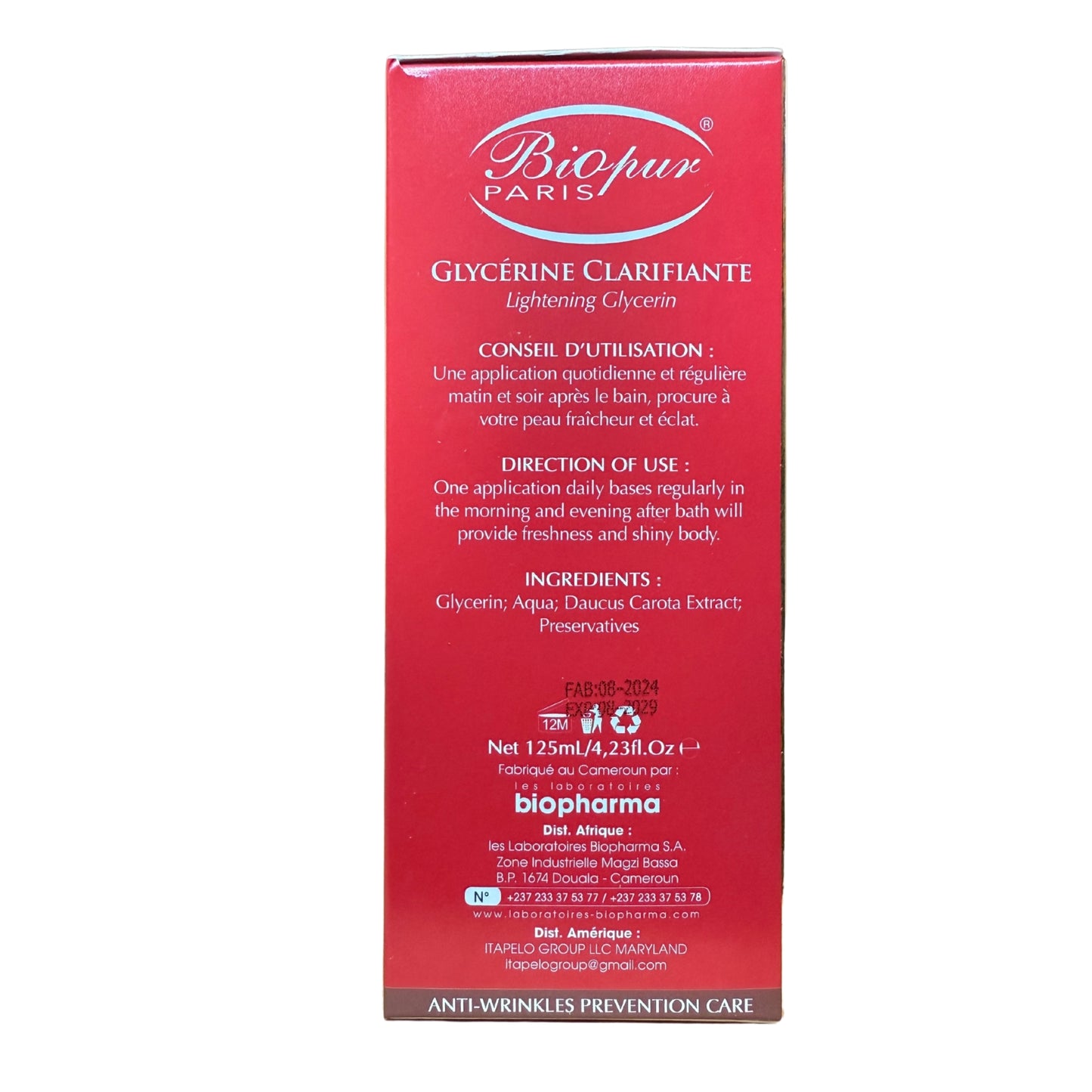 Biopur Paris Lightening Glycerin with Carrot Oil 125ml