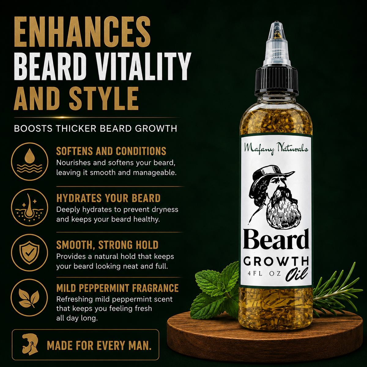 Beard Growth Oil, Rapid Beard Thickening, Plant Based Beard Growth Oil, Mean Beard Care 4oz